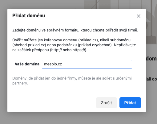 Facebook ověření domény